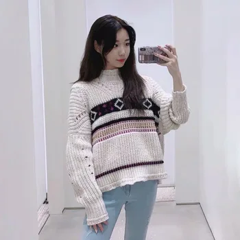

New Fashion Women's Knitted Sweater Color Patchwork Turtleneck Hollow Out Long-sleeved Loose Knitwear Pullover Winter
