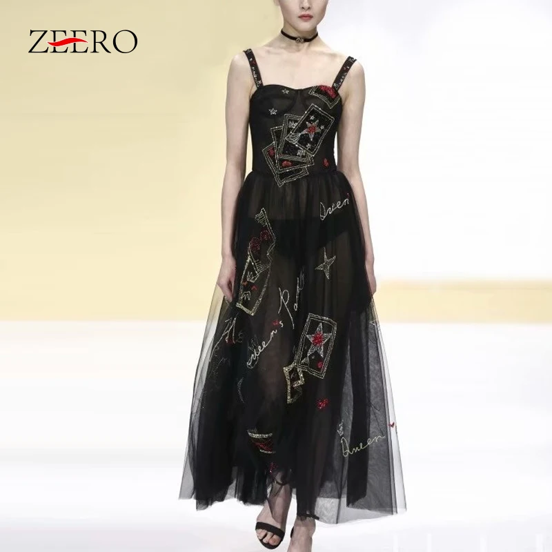 Luxury Embroidery Women Retro Runway Sequin Dress Elegant Summer Sexy Spaghetti Strap Mesh Long Party Night Club Dresses Vestido | Женская