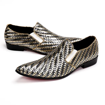 

handmade Woven formal spring mens dress shoes genuine leather luxury gold color wedding shoes men flats office for male
