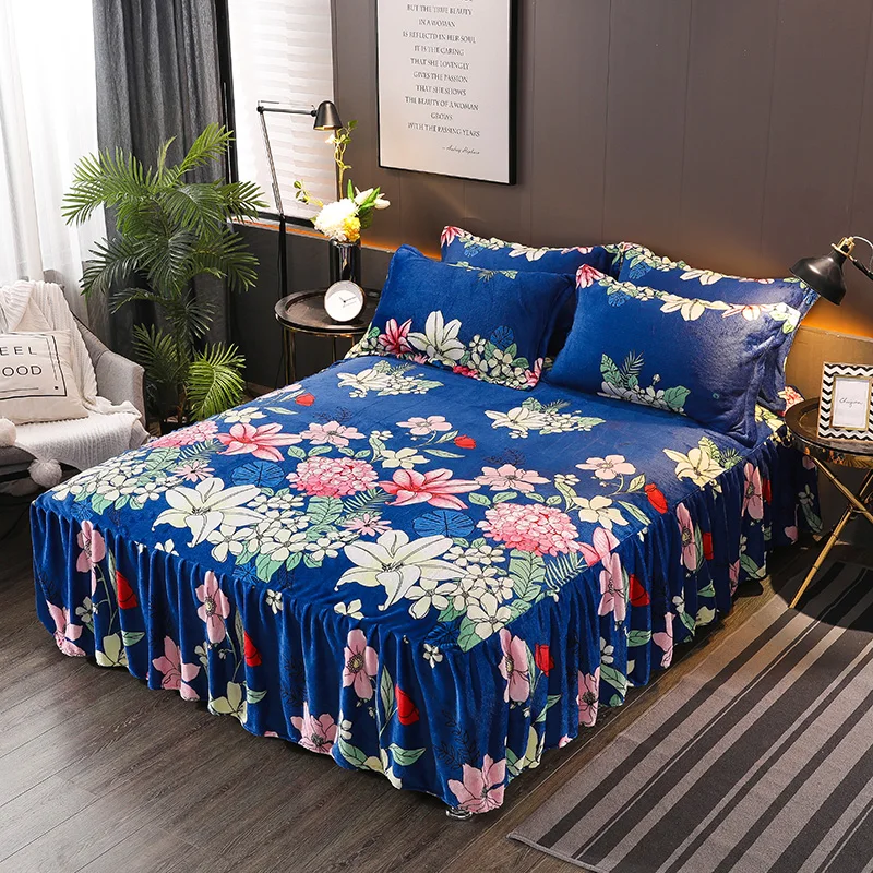 Bed Skirt Flannel Printing Type Dark Blue Bed Cover Elegant Bedspread Satin Cotton Bed Sheet for Wedding Decoration Bed Cover
