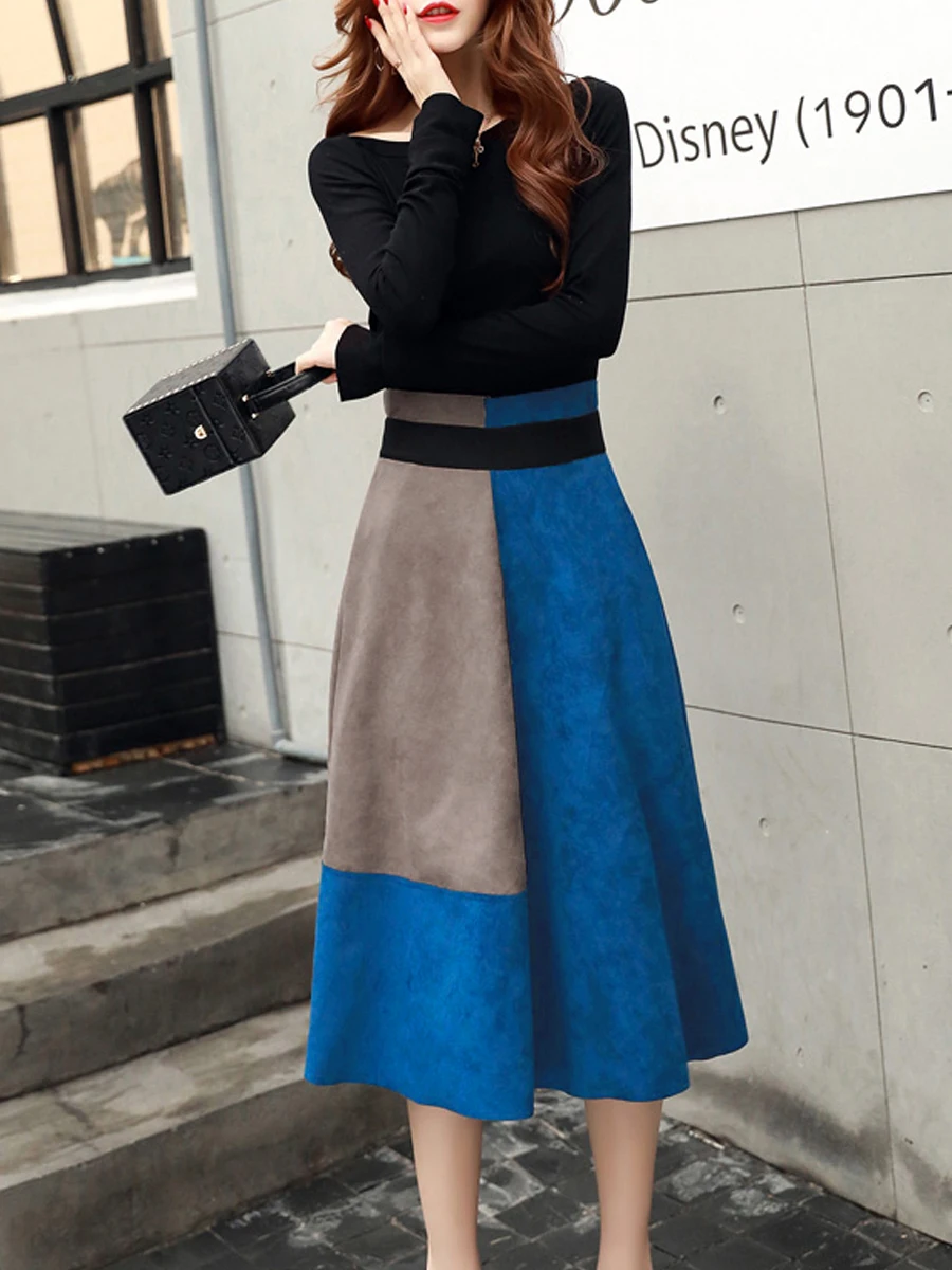 

Cotton Round Neck Zipper Color Block Two-Piece Women s Skater Dress winter Autumn Elegant high waist ladies dresses