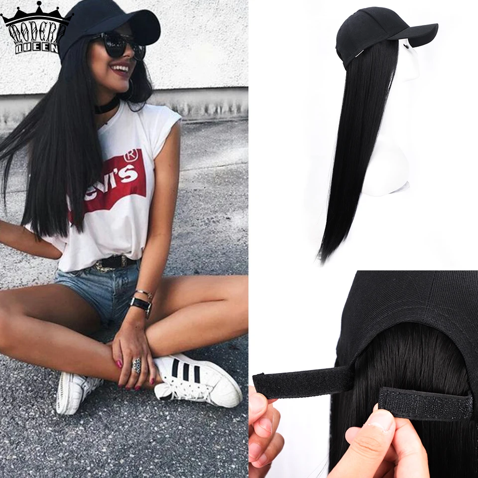 MODERN QUEEN Baseball Cap Hair Wig Long Synthetic Straight cap Hair Wigs Naturally Connect Synthetic Hat Wig Adjustable for Girl