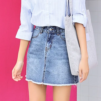 

Women Denim Skirt High Waist Aline Jean Skirt Female New Student Light Blue Summer Short Skirt Street Female Korean Skirts2020