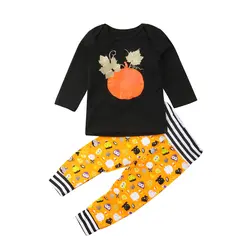 Комплект одежды для новорожденных мальчиков и девочек на Хэллоуин; черные топы с принтом тыквы; футболка с длинными рукавами; комплект с