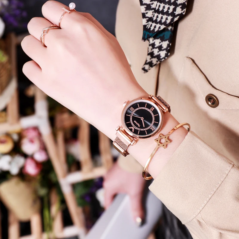 Роскошные часы-браслет из розового золота для женщин, серебряные женские наручные часы из нержавеющей стали с магнитом, женские часы