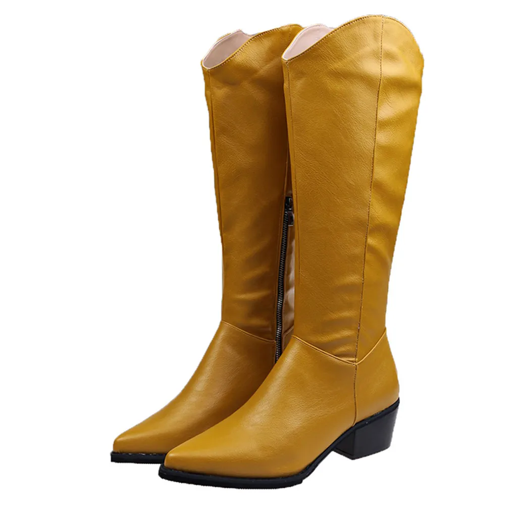 Women's leather boots Pointed Toe Low-heeled Casual knee high boots Keep Warm Tassel Zipper winter boots zapatos de mujer