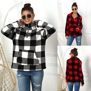 

Wipalo S-5XL Plus Size Autumn Winter Women Casual Hoodies Lapel Long Sleeve Contrast Color Plaid Woolen Pocket Zipper Pullovers
