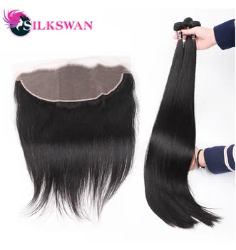 

Silkswan Straight Human Hair Bundles With 13x4 Lace Frontal Light Brown Swiss Lace 100% Peruvian Remy Hair Human Hair Weft