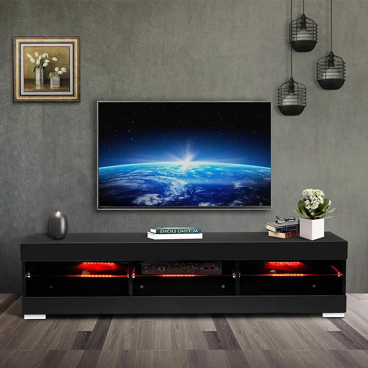 Modern TV Unit Cabinet Stand High Gloss Doors 145cm with RGB LED Lights Shelf 
