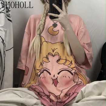 

Summer Fashion Tshirt Women Harajuku Streetwear Cartoon Print Cotton O-neck Loose Casual Tshirt Streetwear Tops Plus Size