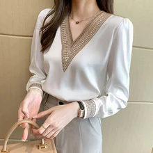 Blouse Shirt Long Sleeve Embroidery blusas mujer de moda 2021 Spring New Fashion V-neck Satin Chiffon White Female Top 830A