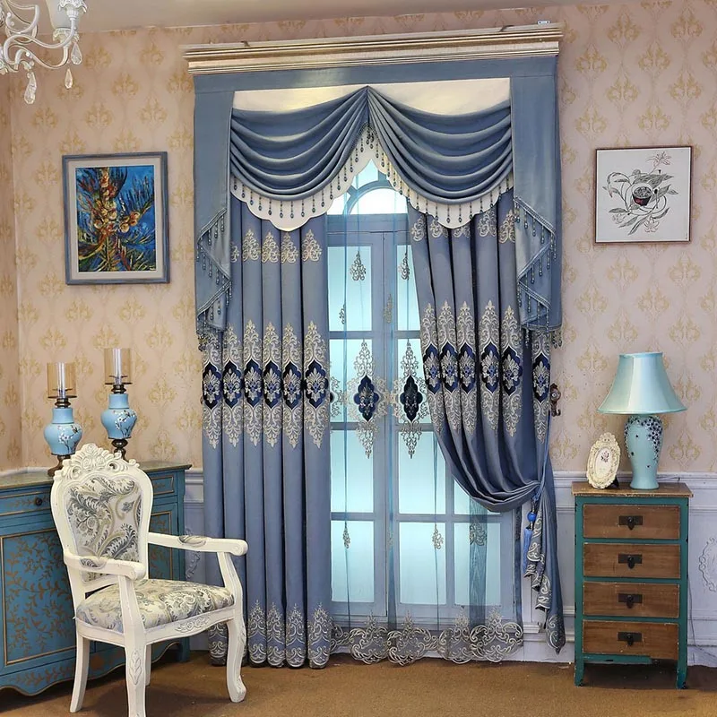 Романтические европейские шторы роскошные вышитые шторы тюль для гостиной вилла высококачественные нежные синие шторы M122#40