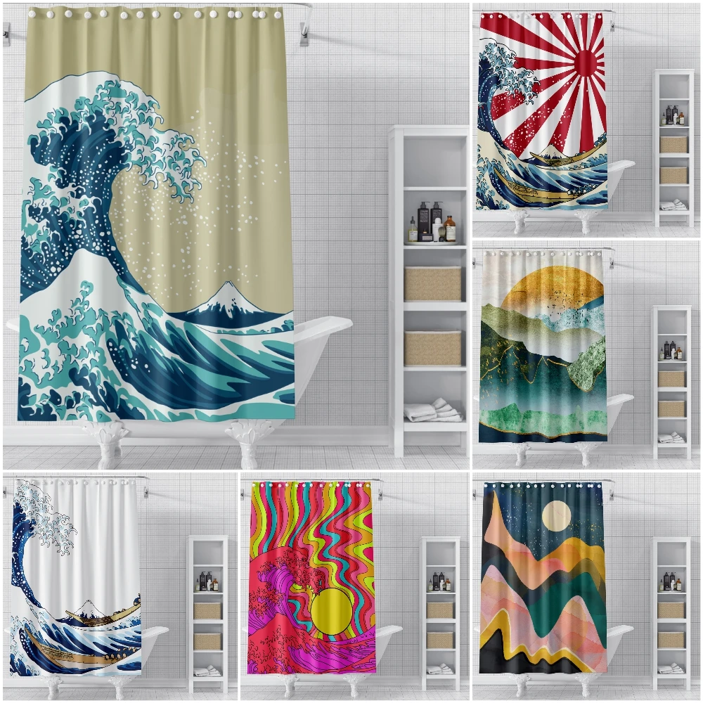 

Wave Pattern Shower Curtain Shower Bathroom Polyester Waterproof Shower Curtain 3D Printed Landscape Bath Curtains for Bathroom