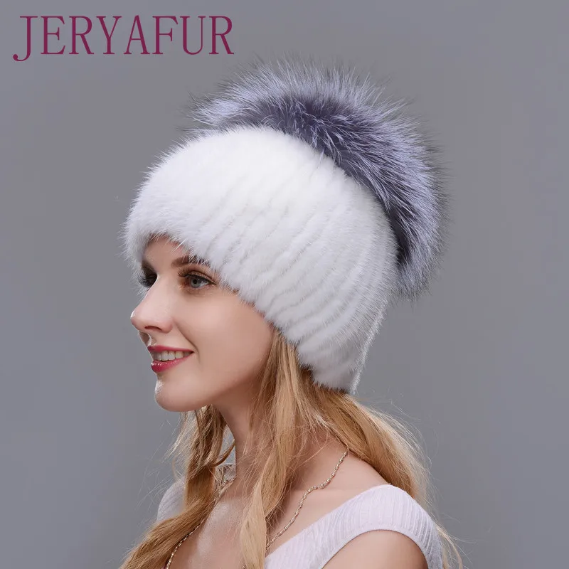 COLOR4 Зимняя шапка Neue Stil Echte Weibliche Nerz Hut Für Frauen Gestrickte Nerz Fuchs Pelz cappe Weiblichen Ohr Warme mutze Kappe Silbe - Цвет: COLOR4