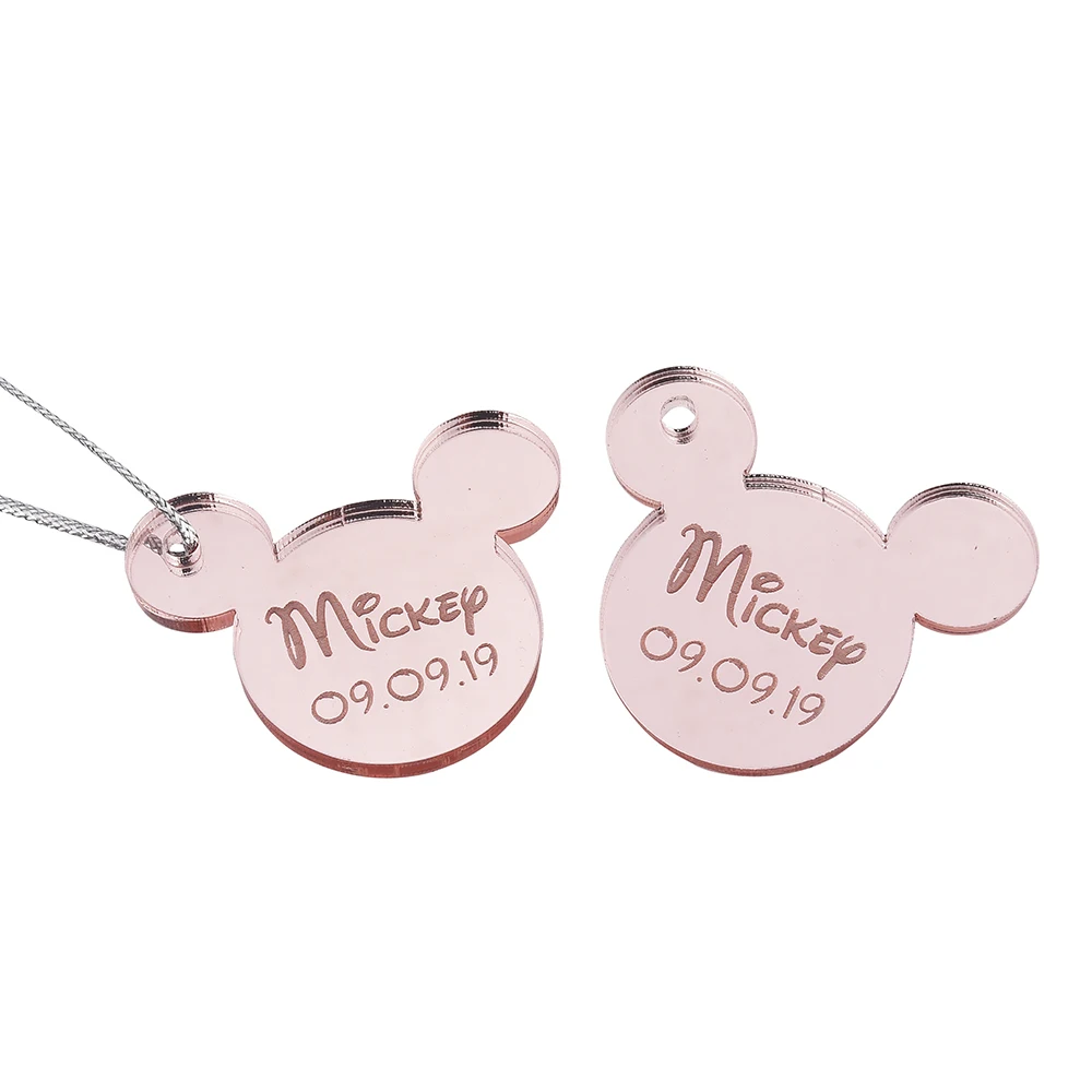 10 шт. персонализированные гравированное зеркало Микки Маус надписи имя карты метки ребенок душ украшение для вечеринки в день рождения 40 мм логотип - Цвет: Style2 Pink