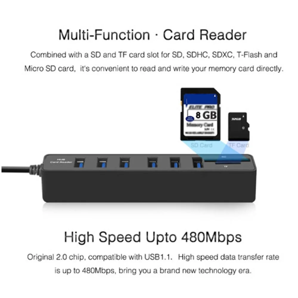 Usb-хаб 2,0 Мульти USB 2,0 док-станция USB высокоскоростной разветвитель 3/6 Порты жил устройство для чтения карт SD TF все в одном для ПК Компьютерные аксессуары