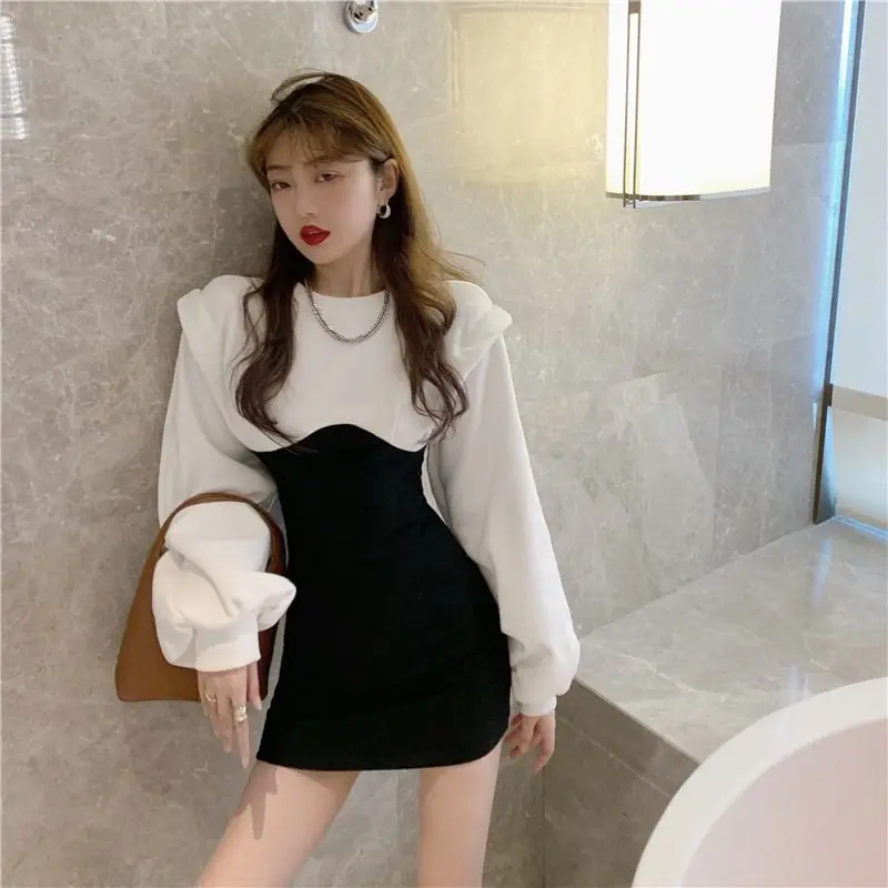 QWEEK 2021 Fashion Korean Style Bodycon Mini Dress Women Kpop Lantern Sleeve Slim Wrap Short Dresses Casual Autumn Winter Female bridal shops near me