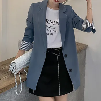 

Stripe Long Sleeve Casual Blazer Women Korean Style Chic Blue Office Jackets 2XL Black Pink Street Casual Blazers Spring 2020