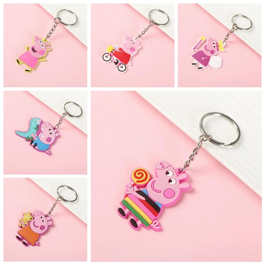 

6 Styles Cartoon Toy Keychain Peppa Pig PVC Action Figures Kids Key Chain Ring Pendant Model Toys for Children Birthday Gift