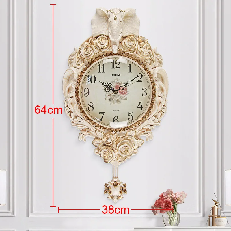 Large Silent Flower Carving Pendulum Quartz Clock Elephant Swing Wall Clock Z1218-3  