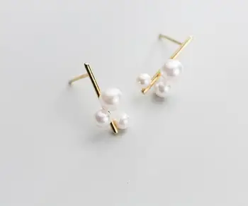 

925 Real. Sterling Silver fine jewelry Shell Pearl &Straight Bar ear Earrings GTLE2831