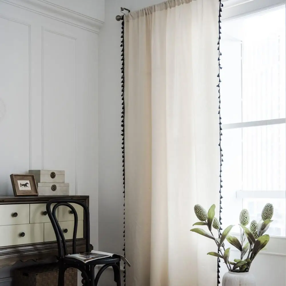 

Bohemian Pastrol Style Window Curtains Cotton Linen Tassels Half Blackout Curtains For Kitchen Living Room Decor Short Curtain