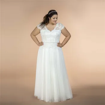 

V-Neck Short Sleeves Lace Top Wedding Dress Tulle Skirt Lace Up Back Bridal Gowns Plus Size Long Vestidos De Mariage Spring