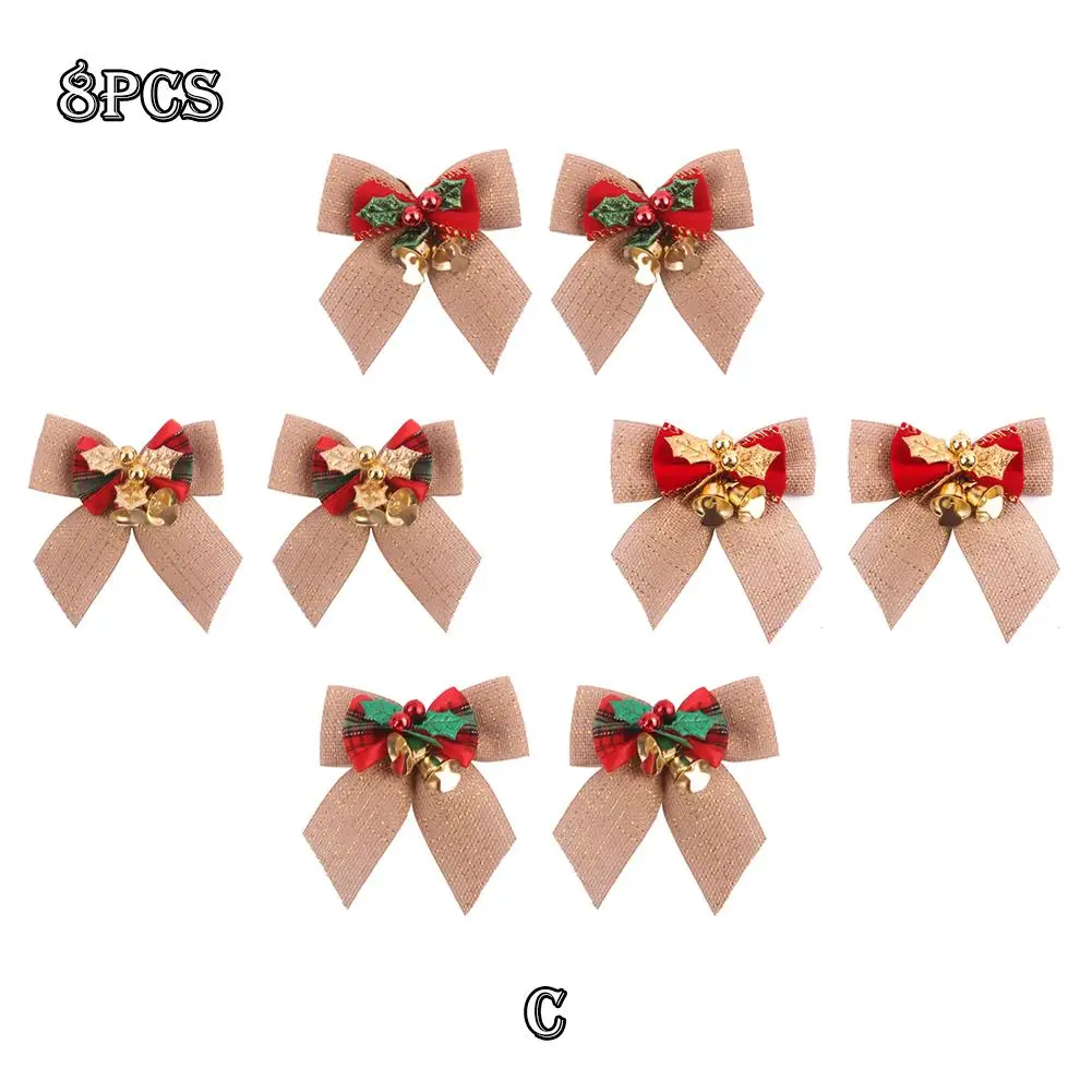 

8PCS Christmas Tree Bowknot Ornament with Mini Jingle Bell hanging Drop Ornament Festive Holiday Hanging Grid Bow Linen Ornament