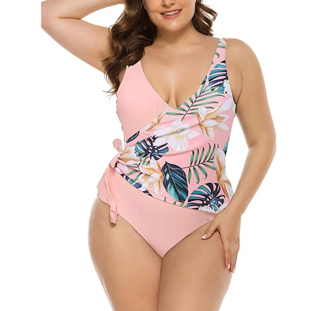 2020 Print Bowknot One Piece Swimsuit V Neck Backless Plus Size Swimwear Tummy Control Bathing Suit Big Size Monokini Set M-3XL