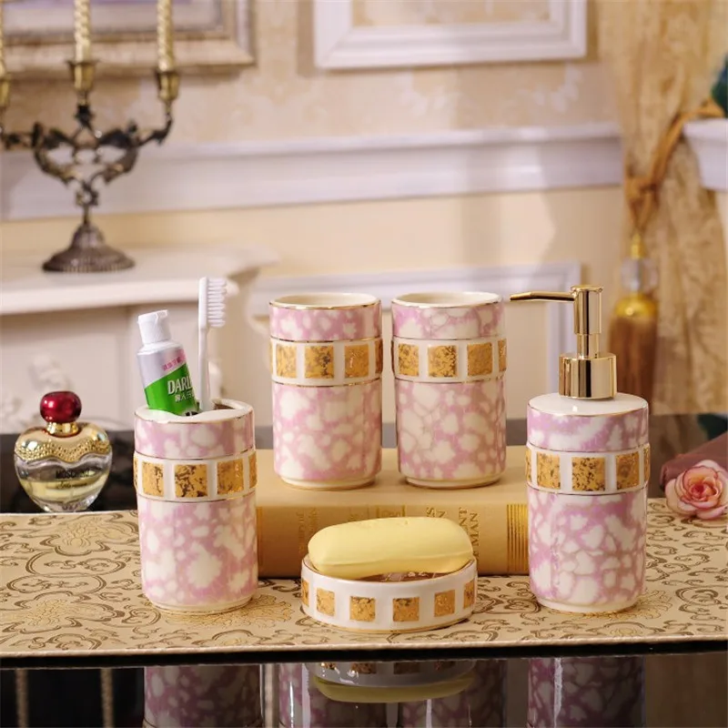 

Bathroom Accessories Set Ceramic Soap Dispenser Toothbrush Holder & Gargle Cups Soap Dishes Lavatory 5 Piece Set Wedding Gift