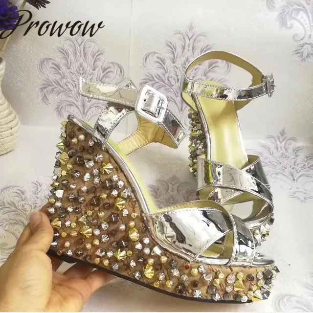 

Prowow New Silver Metallic Leather Open Toe Summer Spring Sandals Buckle Strap Metal Studded Platform HIgh Heel Wedges Shoes