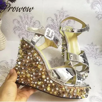 

Prowow New Silver Metallic Leather Open Toe Summer Spring Sandals Buckle Strap Metal Studded Platform HIgh Heel Wedges Shoes
