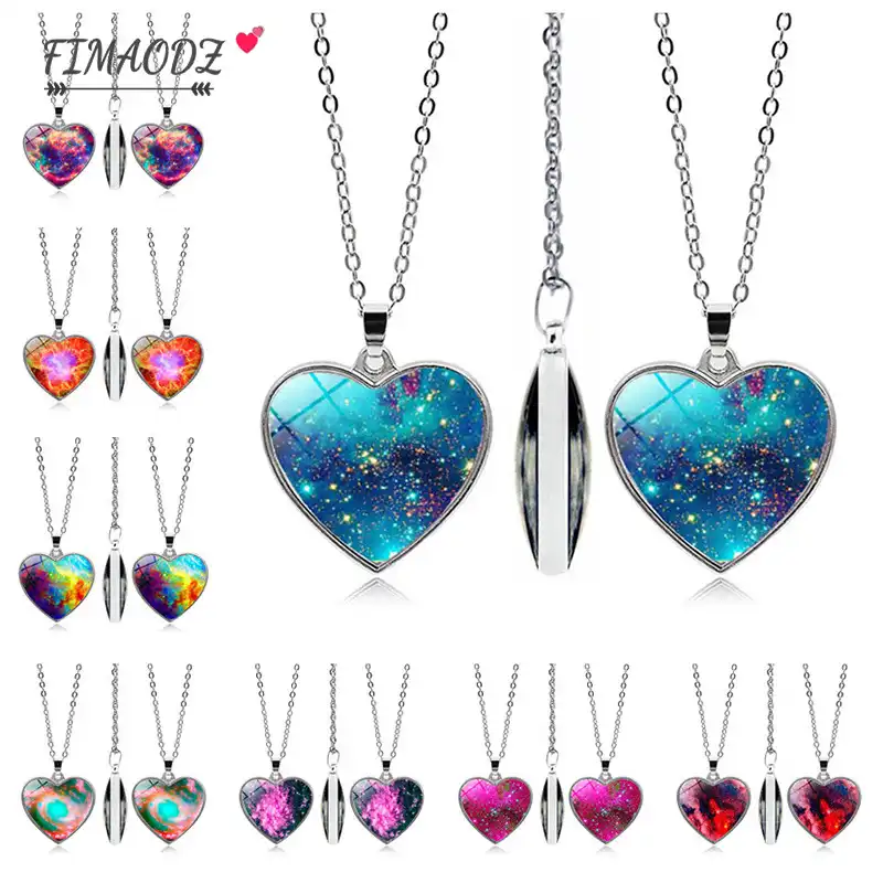 Fimaodz Fashion Double Side Nebula Space Universe Galaxy Necklace Stars Glass Pendant Love Shape Crysta Men And Women Jewelry Pendant Necklaces Aliexpress
