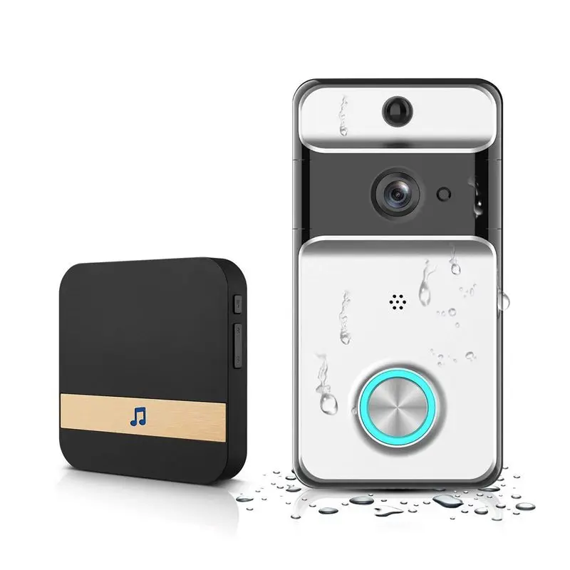 

Splash-Proof Smart Video Doorbell Home Security Camera with Indoor Chime, Free Cloud Service, 2 Batteries,Night Vision, PIR Mo
