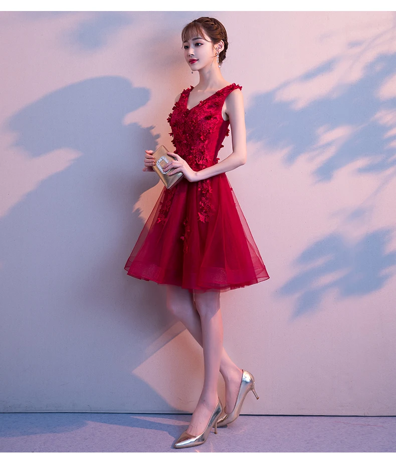 Robe de soriee короткие темно-красные коктейльные платья Дешевое кружевное с принтом А-силуэт тюль без рукавов Коктейльные Вечерние платья для выпускного вечера