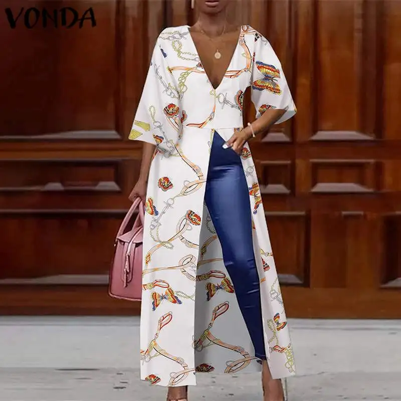 

VONDA Women Long Blouse Vintage Printed Shirts V Neck Dress Split Party Tops 2020 Female Casual Plus Size Summer Blusa