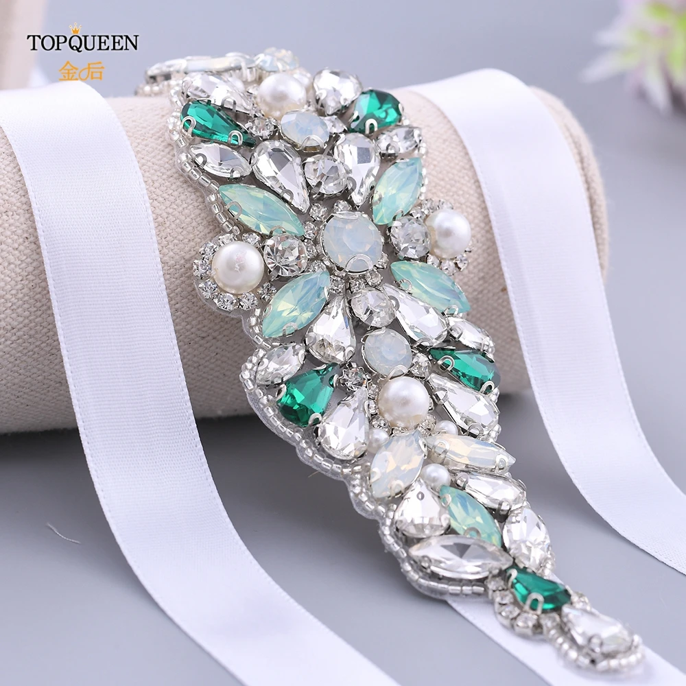 TOPQUEEN S443 Luxury Green Rhinestone Bridal Belt Beaded for Formal Evening Dresses Custom Diamond Decorative Belt Handmade