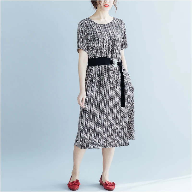 

20119 Spring Summer Art Style Large Size Women Dress Loose Thin Print Cotton Linen Dress Casual Sashes Female Dresses LJ2274