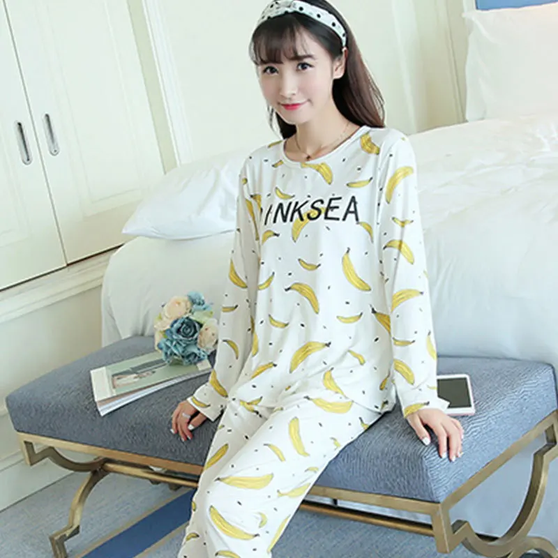 

Jun xin Pajamas Female Summer Spring And Autumn Sweet Printed Thin Pullover Crew Neck Pajamas Pink Banana Long Sleeve Tracksuit