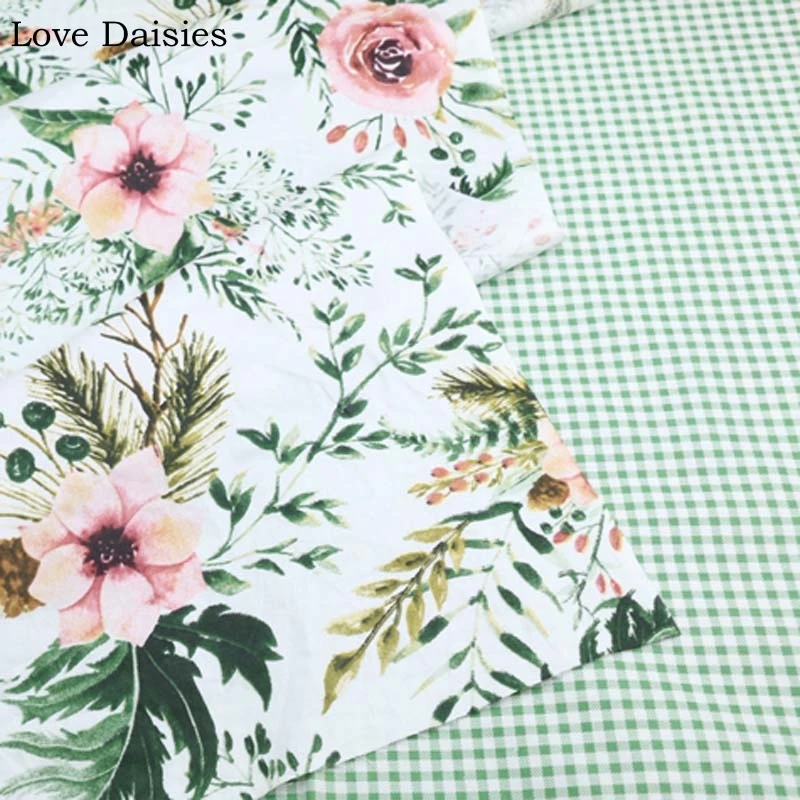

100% Cotton Twill Fabric Big Pink Flowers Floral Green Borwn Leaves Check for Kids Girl Apparel Dress Skirt Blouse Sheet Craft