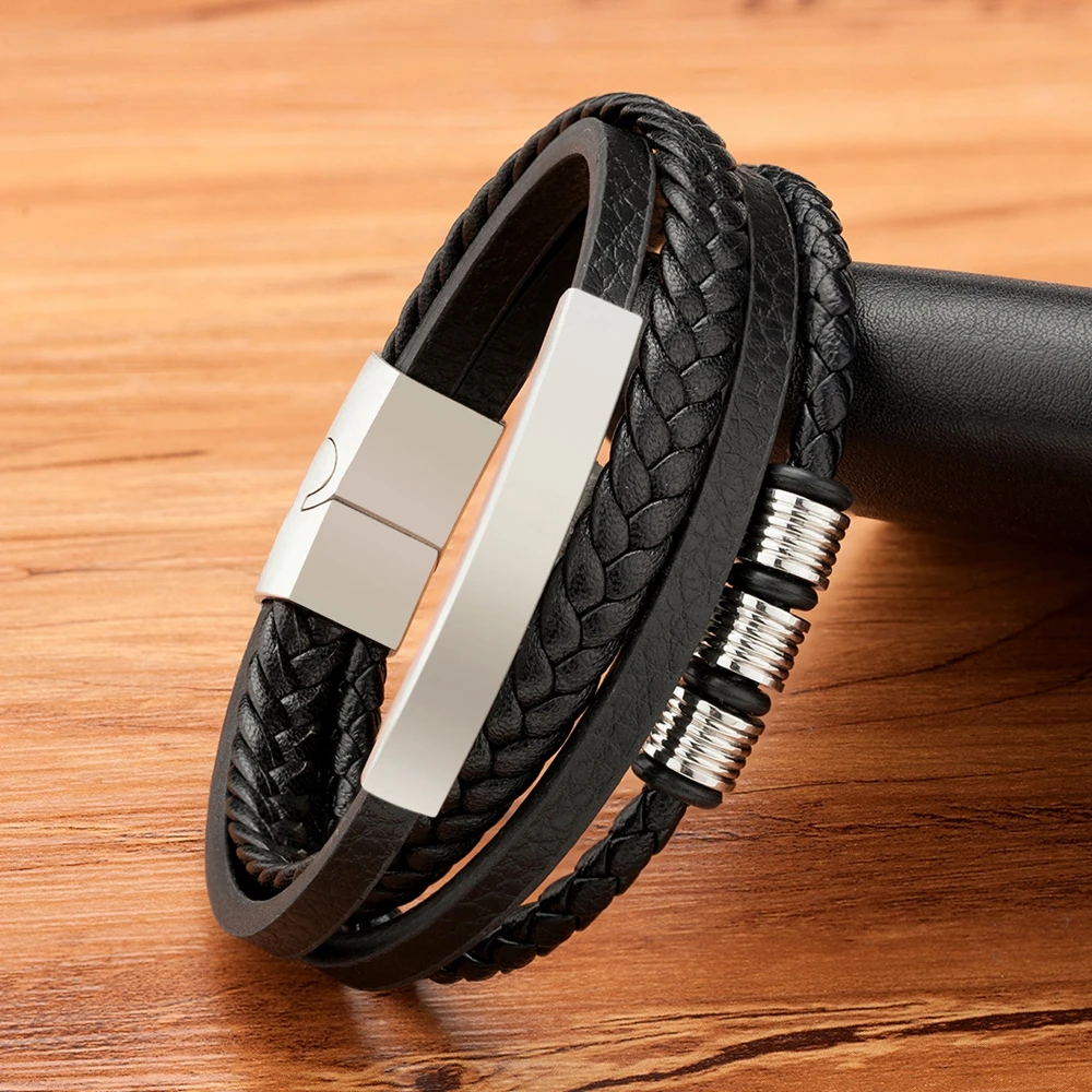XQNI Fashion Hand-woven Multi-layer Combination Accessory Stainless Steel Men's Leather Bracelet Classic Gift bracelet jewelry