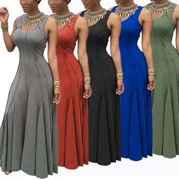 

Summer Sexy Women Solid Color Polyester Evening Party Sleeveless Round Neck Pleated Maxi Dress Full Length Dress S-XXXL