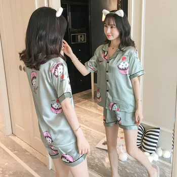 

Women Short Sleeves Ladies Pajama Sets Shorts Cute Cartoon Sleepwear Japanese Simple Short Pyjamas Womens Homewear