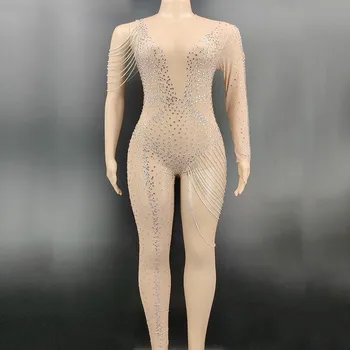 

New Women's Mesh Sexy Rhinestones Bodysuit Stage Chain Singer Leggings Nightclub Nude Crystals Costume Dance Jumpsui