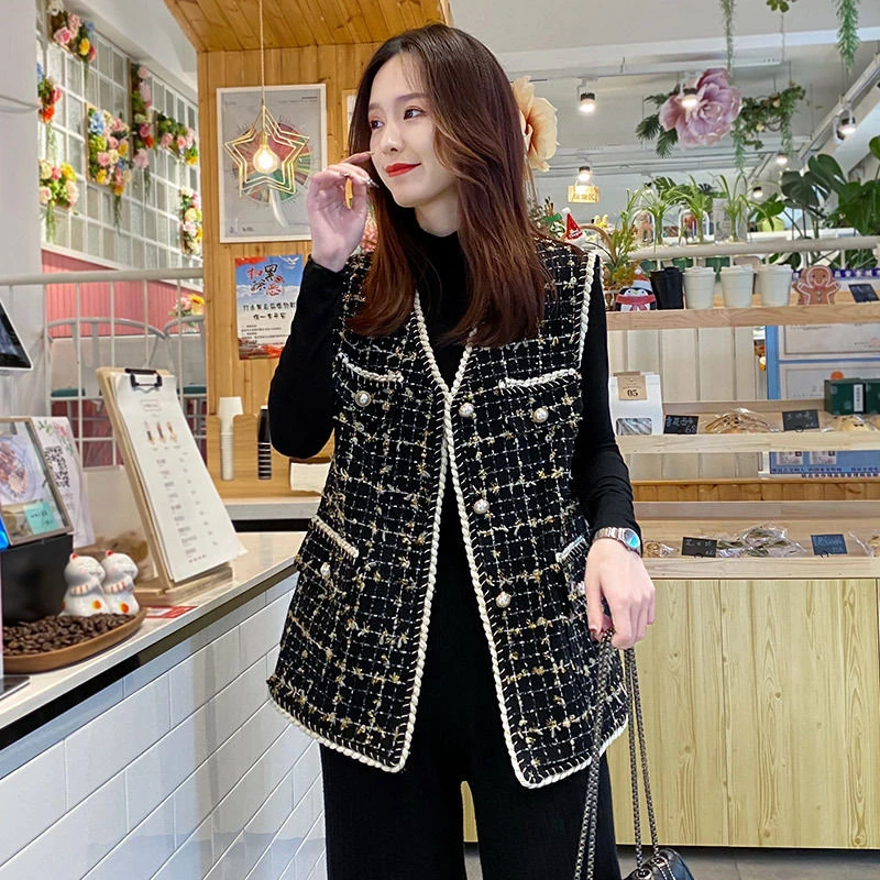 Casual Korean Houndstooth Sleeveless Vest Women Spring Single Breasted Waistcoat Female Chic Vintage Simple Tweed Jacket Y196 puffer coat with fur hood