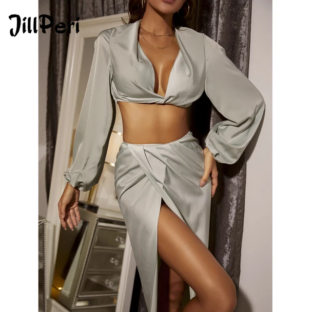 JillPeri Women Long Sleeve Crop Top and Bottom Two Piece Dress Solid Irregular Fashion Party Club Wear Sexy Outfits 3