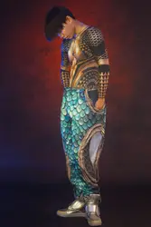 Sexy Skinny 2-Piece Fish Scales Pattern Pants Jumpsuit Male Novelty Costume  Stage Wear Men Dancer Performance Outfit