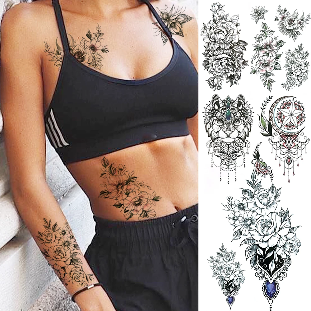 

Временные татуировки на заказ с полурукавами, черная Роза, для женщин, девушек, взрослых, пион, луна, Лев, наклейка на искусственную татуировку, «сделай сам», тату на руку, бедра