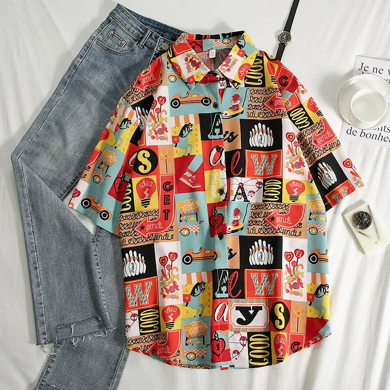 Casual Summer Shirts Women 2020 Boho Cartoon Print Stretch Beach Shirt Ladies Tunic Loose Party Blouses Woman Red Tops Plus Size