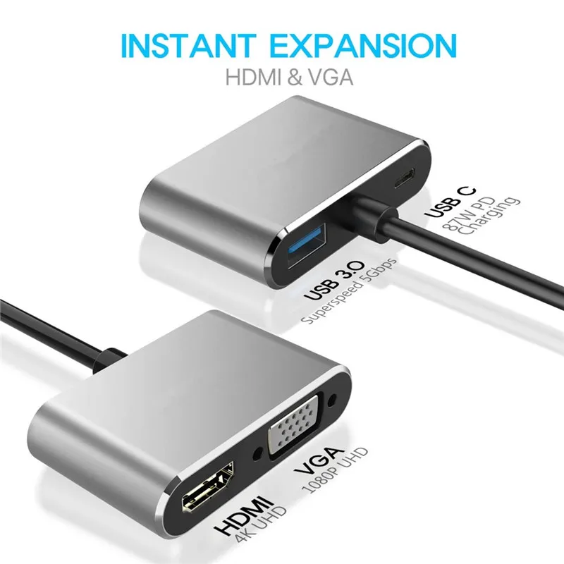 4 в 1 Тип C к HDMI VGA адаптер USB 3 0 4K концентратор видео конвертеры PD Быстрая Зарядка